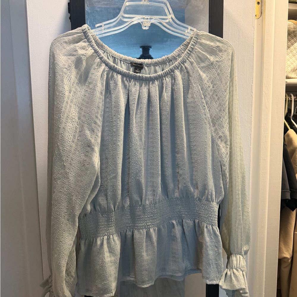 Ann Taylor Light Blue/green Long-Sleeve Peplum Blouse - Women Tops